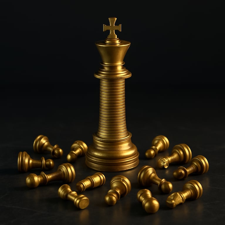 Large gold chess piece surrounded by toppled pieces