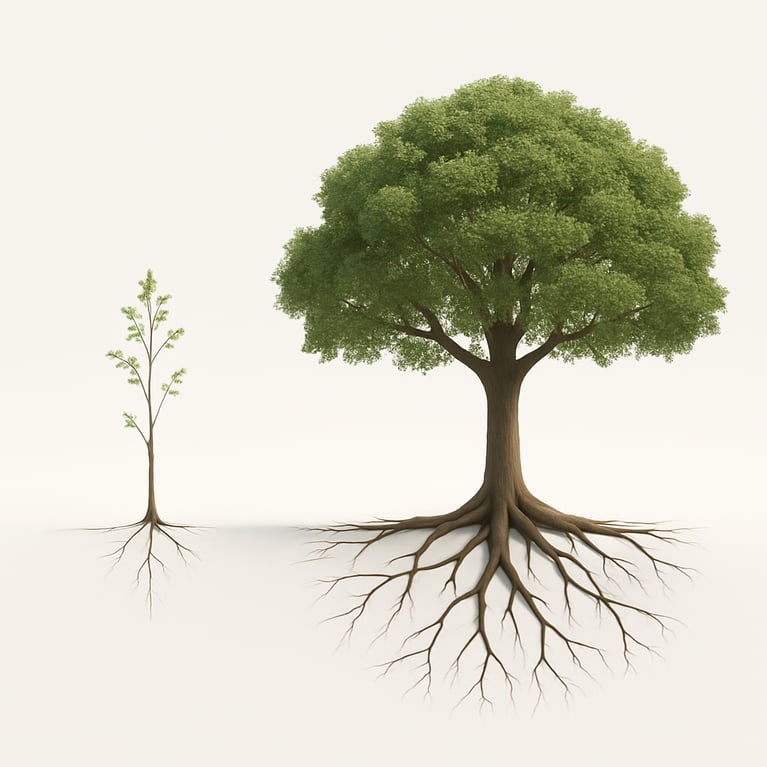 left, small young sapling trees; right, tall mature majestic older tree