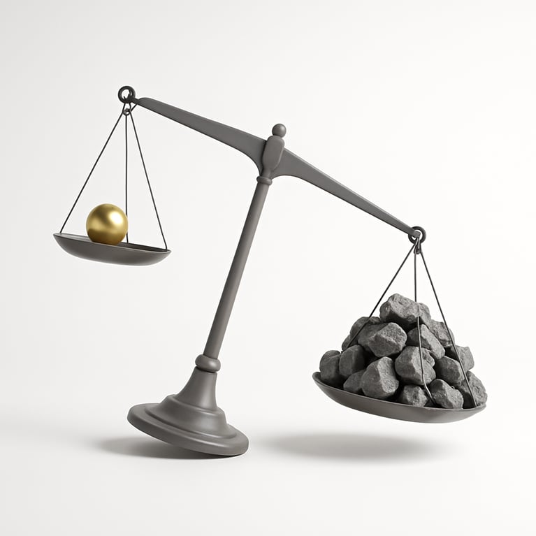 Scale with perfect gold sphere on one side, heavier side of rocks and debris on the other