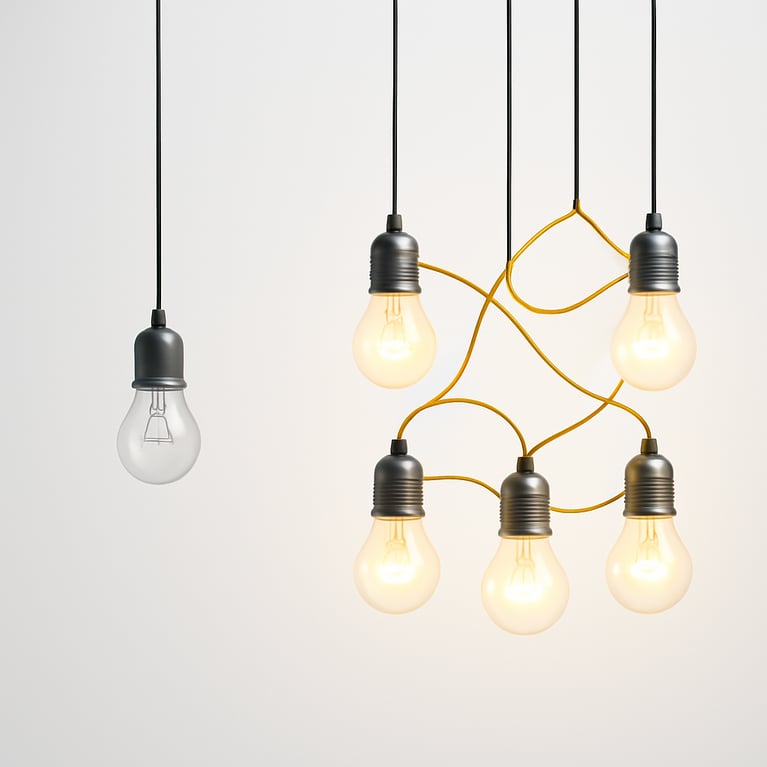 dim unlit light bulbing next to group of lit lightbulbs