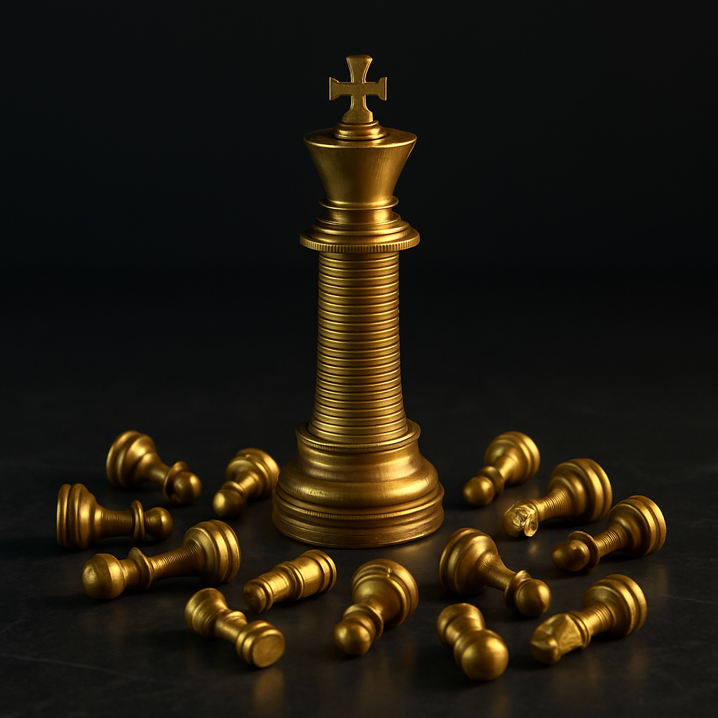 Large gold chess piece surrounded by toppled pieces