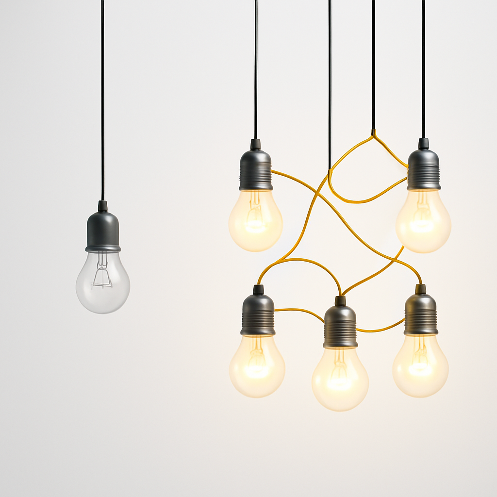 dim unlit light bulbing next to group of lit lightbulbs